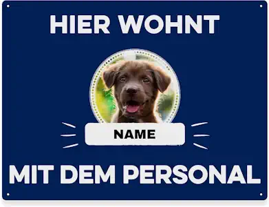 Hunde Schild personalisiert - Hier wohnt mit Personal - Metallschild mit Foto und Name für außen, wetterfestes Türschild für Hundebesitzer - DIN A5-21 x 15 cm, ein Tier, blau