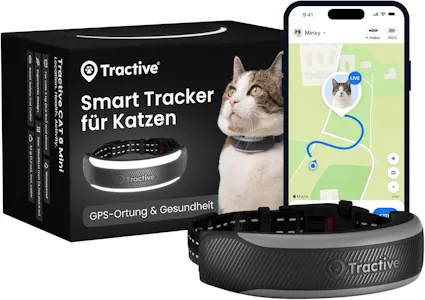 Tractive Smarter Katzen GPS Tracker Mini | Modell 2026 | Marktführer | Live-Ortung | Gesundheitswarnungen & Vitalwerte | Sicherheitsverschluss | Integriertes Halsband (Schwarz)